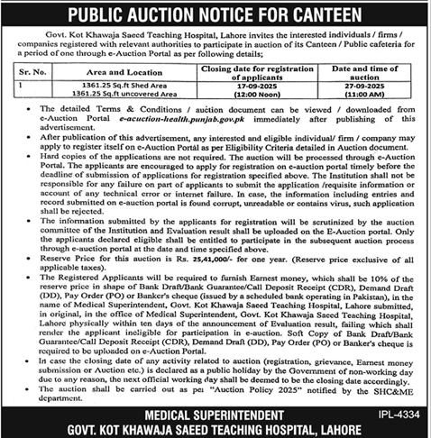Govt Kot Khawaja Saeed Teaching Hospital Lahore Tender Notice